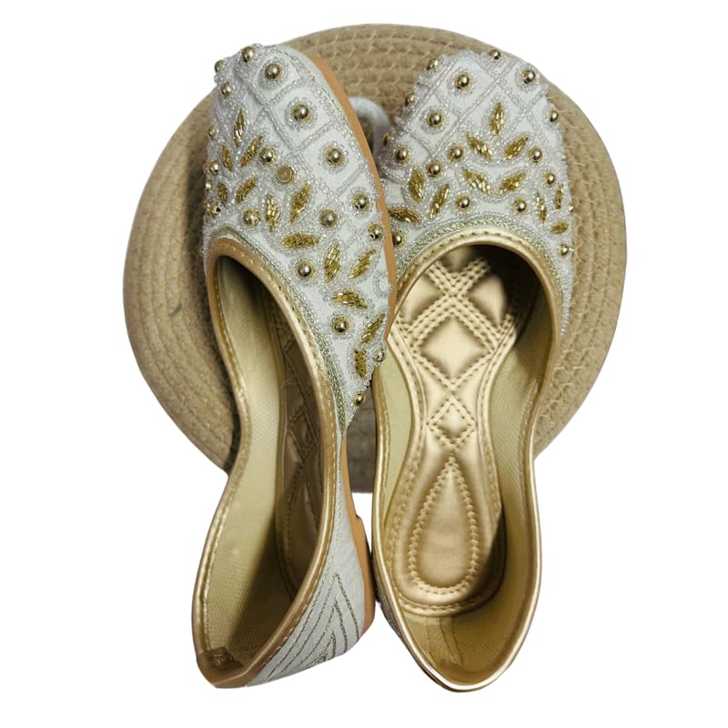 PIND POPPERS White & Gold Handcrafted Jutti for Women | Traditional Ethnic Punjabi Mojari with Pearl & Bead Embellishments | Perfect for Weddings