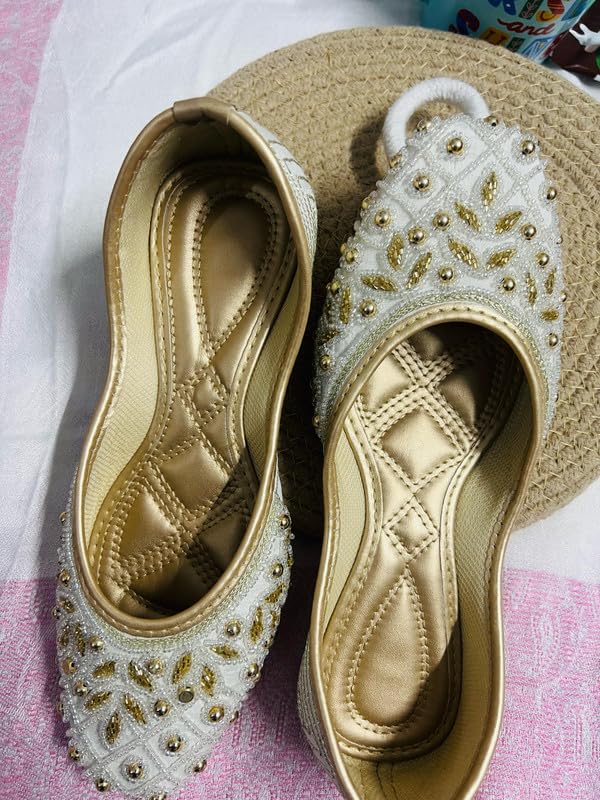 PIND POPPERS White & Gold Handcrafted Jutti for Women | Traditional Ethnic Punjabi Mojari with Pearl & Bead Embellishments | Perfect for Weddings