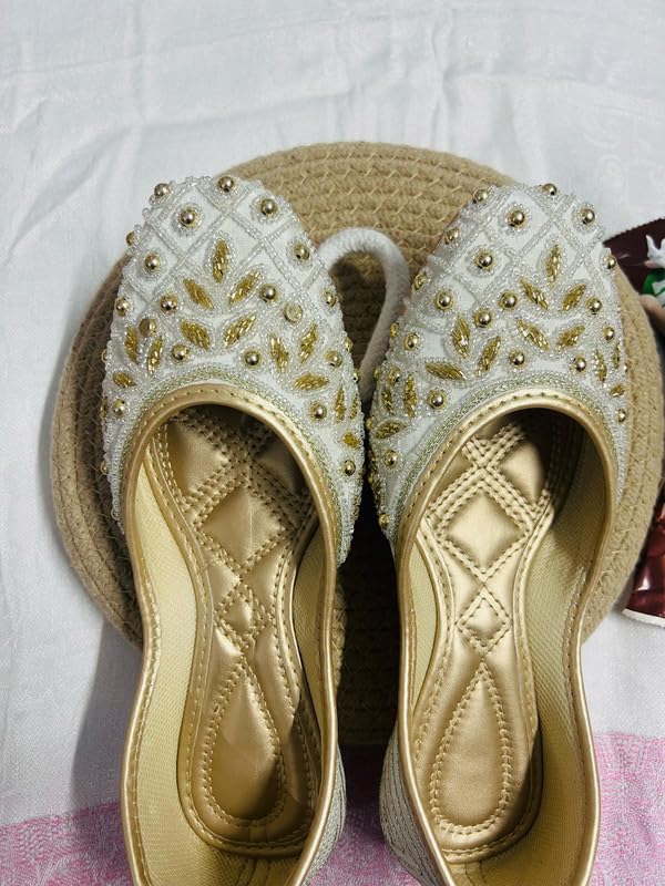 PIND POPPERS White & Gold Handcrafted Jutti for Women | Traditional Ethnic Punjabi Mojari with Pearl & Bead Embellishments | Perfect for Weddings