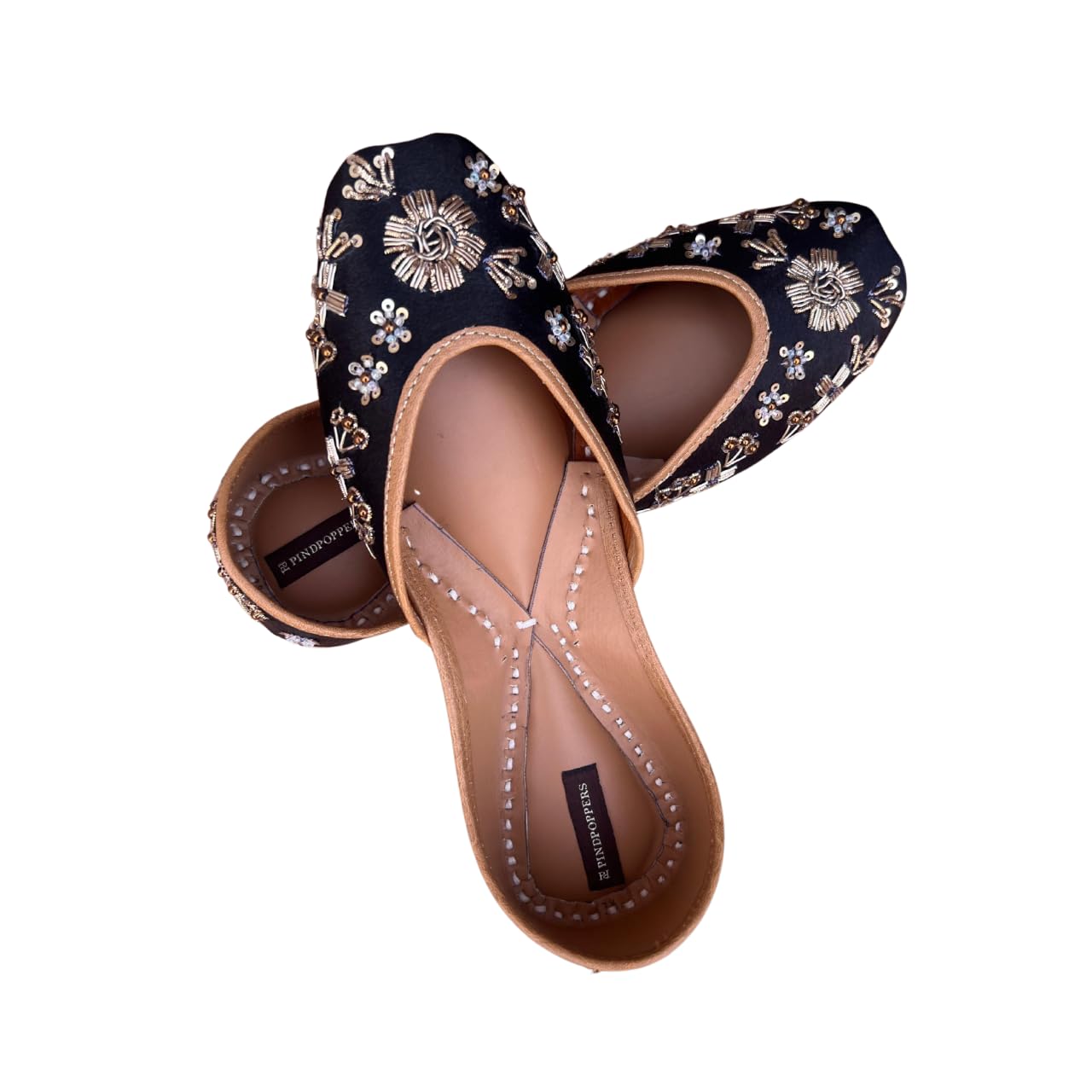 PIND POPPERS Women’s Traditional Ethnic Embroidered Jutti – Handcrafted Punjabi Footwear for Weddings, Festive, and Casual Wear (Black-Silk, UK Footwear Size System, Adult, Women, Numeric,