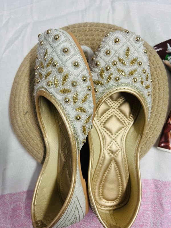 PIND POPPERS White & Gold Handcrafted Jutti for Women | Traditional Ethnic Punjabi Mojari with Pearl & Bead Embellishments | Perfect for Weddings