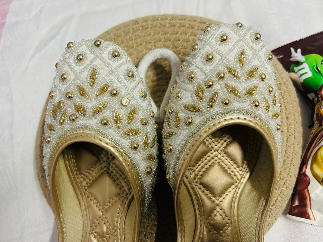 PIND POPPERS White & Gold Handcrafted Jutti for Women | Traditional Ethnic Punjabi Mojari with Pearl & Bead Embellishments | Perfect for Weddings