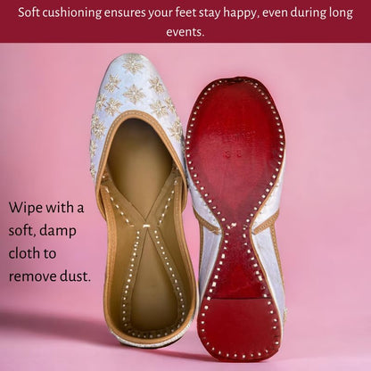 PIND POPPERS Women’s Traditional Ethnic Embroidered Jutti – Handcrafted Punjabi Footwear for Weddings, Festive, and Casual Wear White