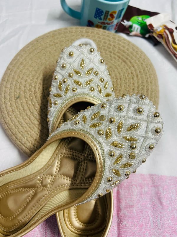 PIND POPPERS White & Gold Handcrafted Jutti for Women | Traditional Ethnic Punjabi Mojari with Pearl & Bead Embellishments | Perfect for Weddings