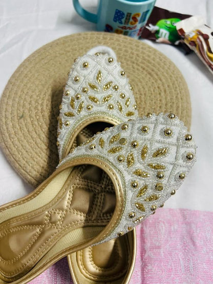 PIND POPPERS White & Gold Handcrafted Jutti for Women | Traditional Ethnic Punjabi Mojari with Pearl & Bead Embellishments | Perfect for Weddings