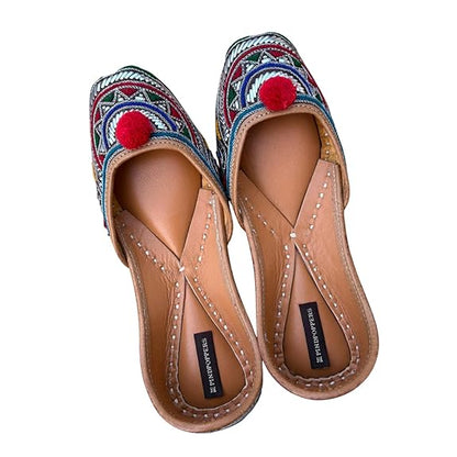 Brand: PIND POPPERS PIND POPPERS Handmade Leather Punjabi Jutti for Women | Traditional Embroidered Ethnic Footwear with Pom Pom Design | Comfortable Festive & Casual Wear