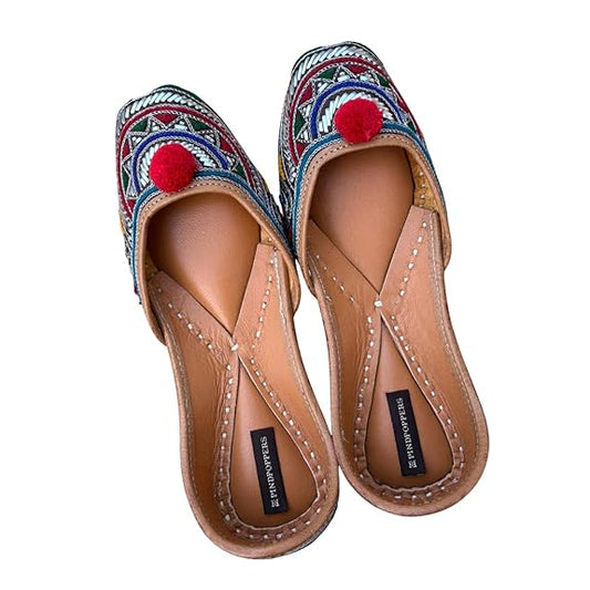 Brand: PIND POPPERS PIND POPPERS Handmade Leather Punjabi Jutti for Women | Traditional Embroidered Ethnic Footwear with Pom Pom Design | Comfortable Festive & Casual Wear
