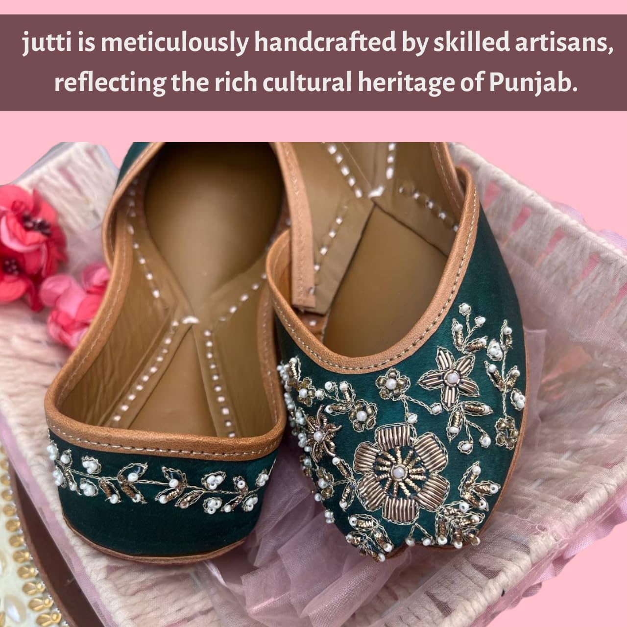 PIND POPPERS Women’s Traditional Ethnic Embroidered Jutti – Handcrafted Punjabi Footwear for Weddings, Festive, and Casual Wear Green