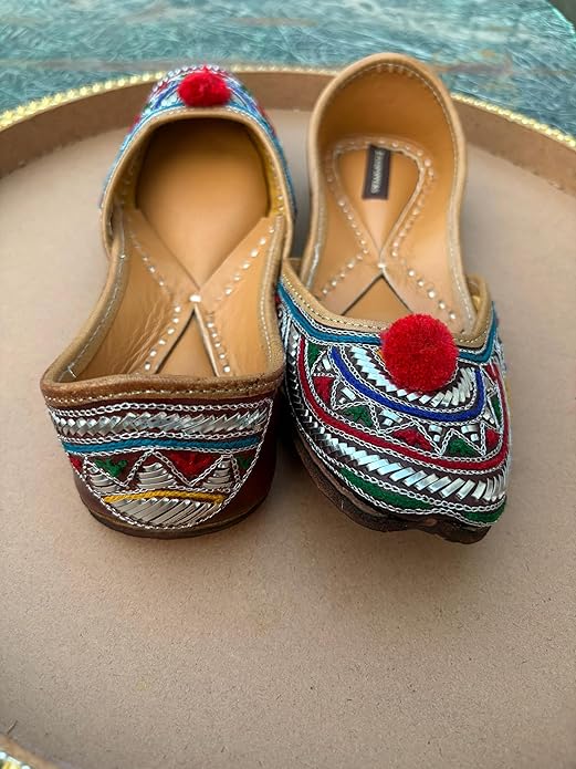 Brand: PIND POPPERS PIND POPPERS Handmade Leather Punjabi Jutti for Women | Traditional Embroidered Ethnic Footwear with Pom Pom Design | Comfortable Festive & Casual Wear