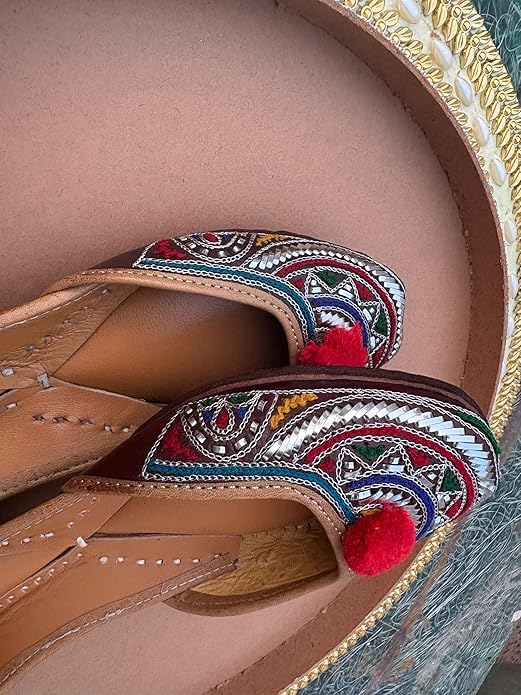 Brand: PIND POPPERS PIND POPPERS Handmade Leather Punjabi Jutti for Women | Traditional Embroidered Ethnic Footwear with Pom Pom Design | Comfortable Festive & Casual Wear