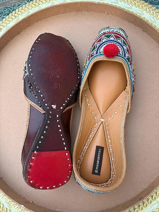 Brand: PIND POPPERS PIND POPPERS Handmade Leather Punjabi Jutti for Women | Traditional Embroidered Ethnic Footwear with Pom Pom Design | Comfortable Festive & Casual Wear