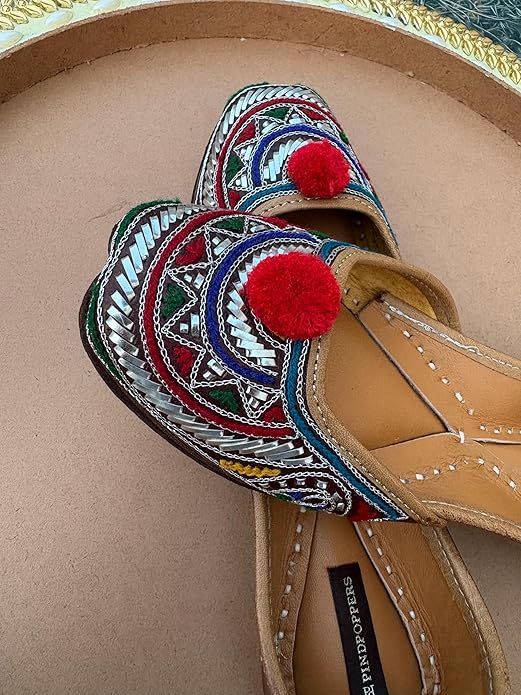 Brand: PIND POPPERS PIND POPPERS Handmade Leather Punjabi Jutti for Women | Traditional Embroidered Ethnic Footwear with Pom Pom Design | Comfortable Festive & Casual Wear