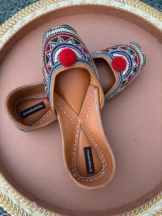Brand: PIND POPPERS PIND POPPERS Handmade Leather Punjabi Jutti for Women | Traditional Embroidered Ethnic Footwear with Pom Pom Design | Comfortable Festive & Casual Wear