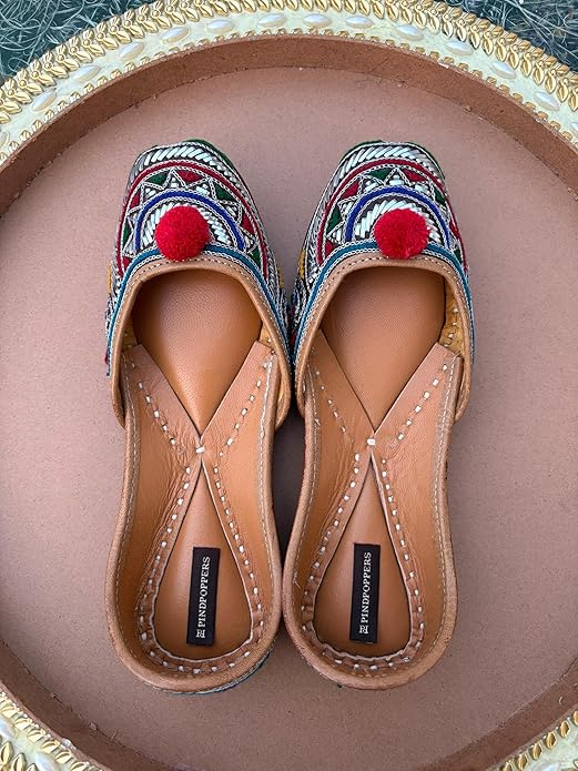 Brand: PIND POPPERS PIND POPPERS Handmade Leather Punjabi Jutti for Women | Traditional Embroidered Ethnic Footwear with Pom Pom Design | Comfortable Festive & Casual Wear